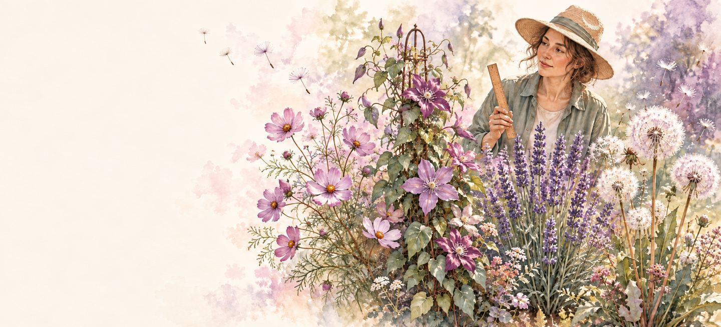 A watercolour of a gardener in a straw hat holding a ruler among tall cosmos, clematis, lavender and dandelion clocks.