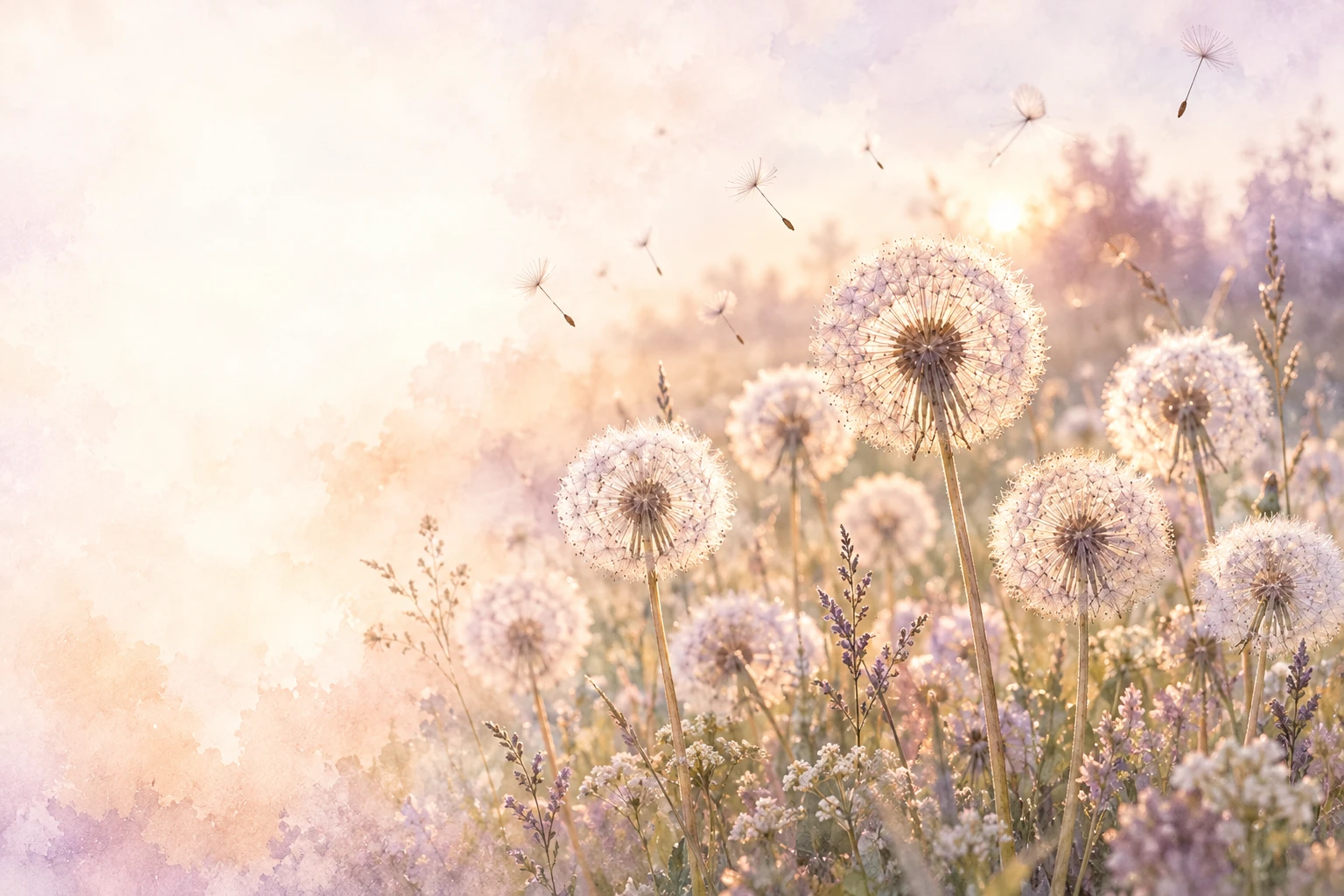 Softly lit dandelion seed heads.