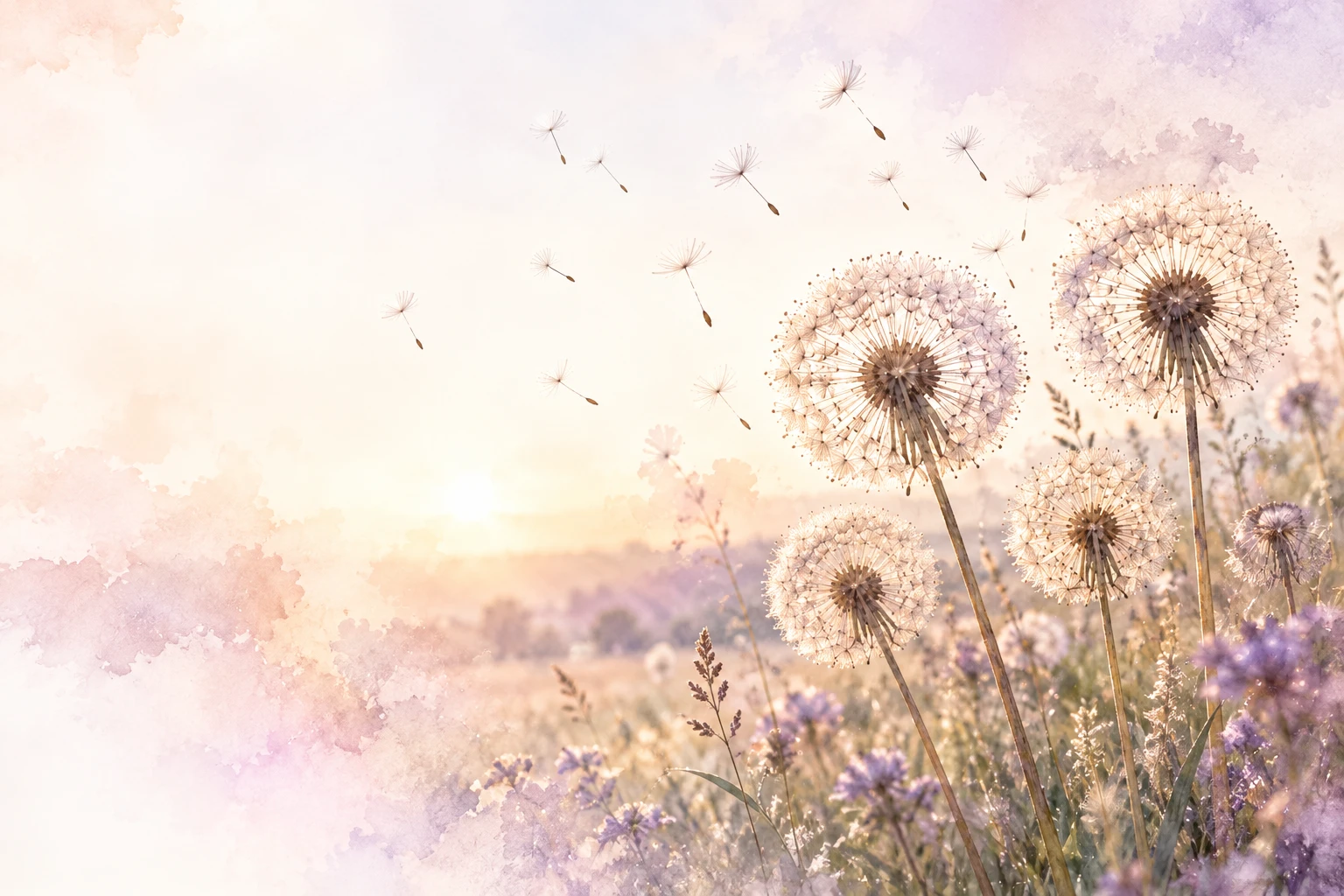 Dandelion seeds in gentle natural light.