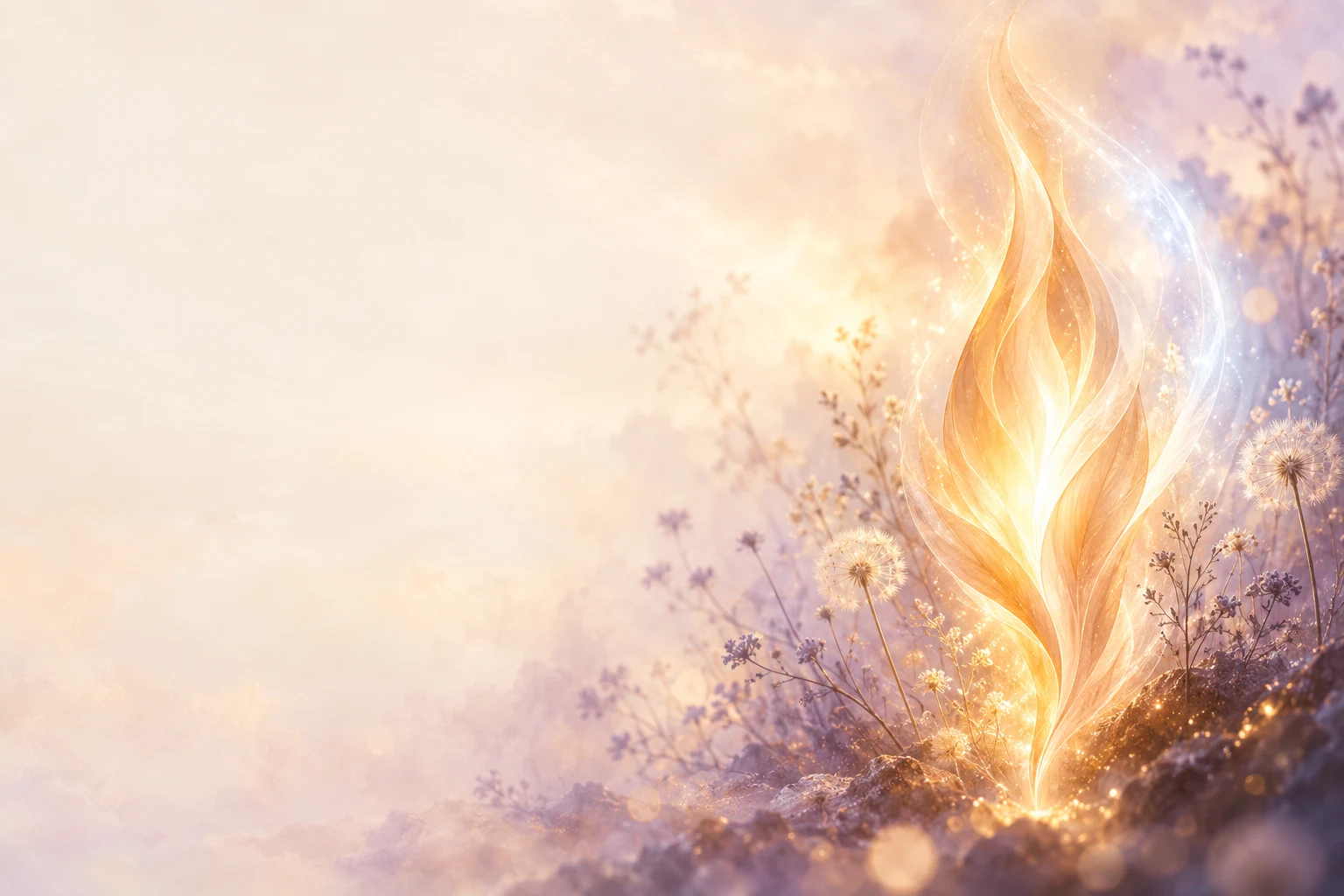 A steady golden flame surrounded by soft blue-white light in a pale lavender and cream atmosphere.