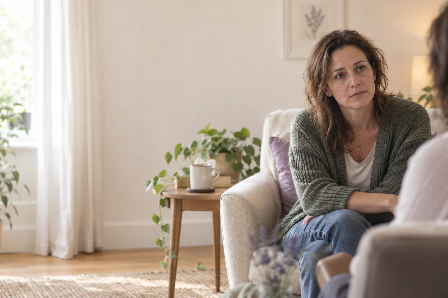A woman speaking with a counsellor in a softly lit room, with a thoughtful, tired expression.