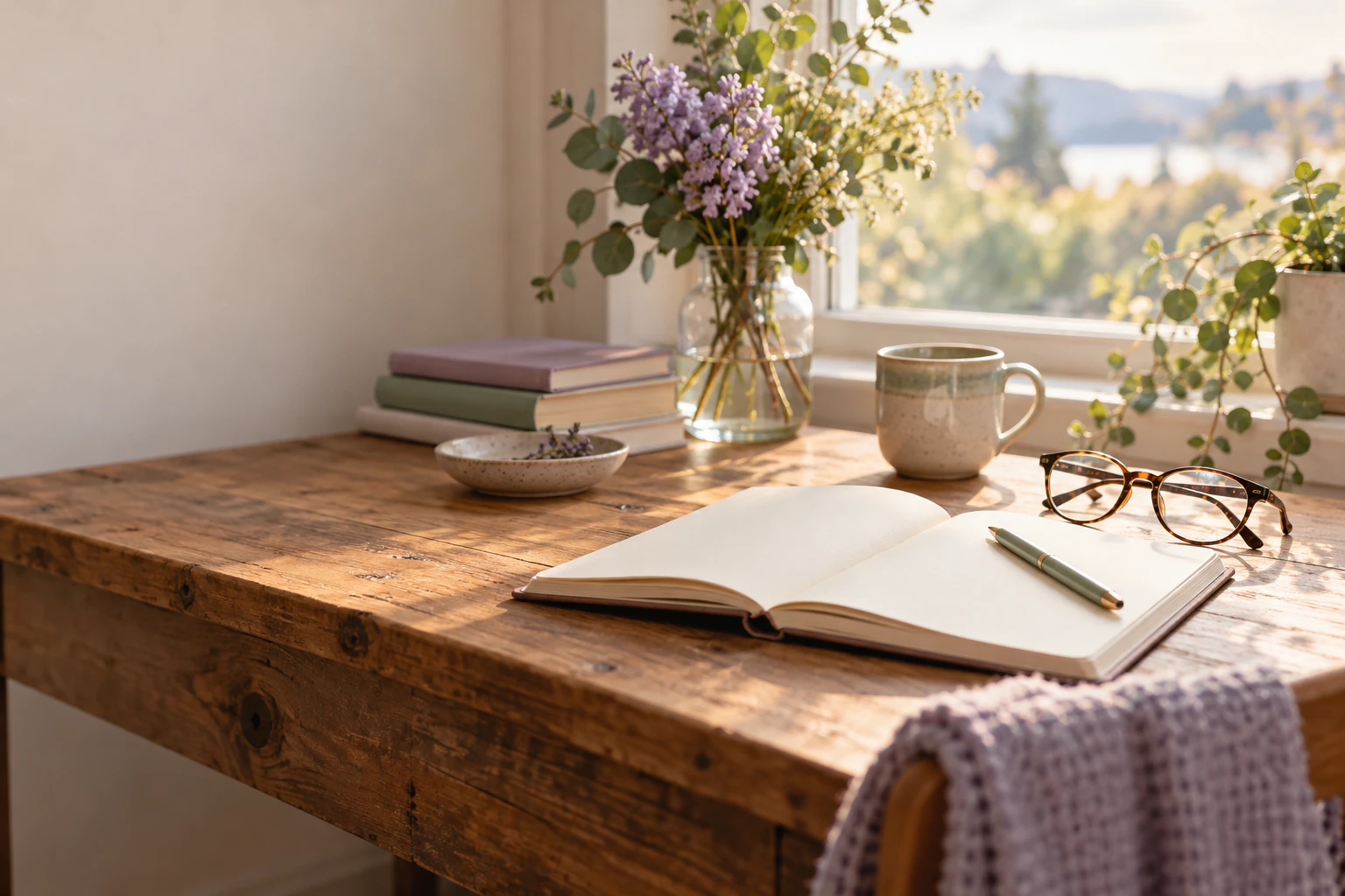 A journal, pen and glasses beside a sunlit window.