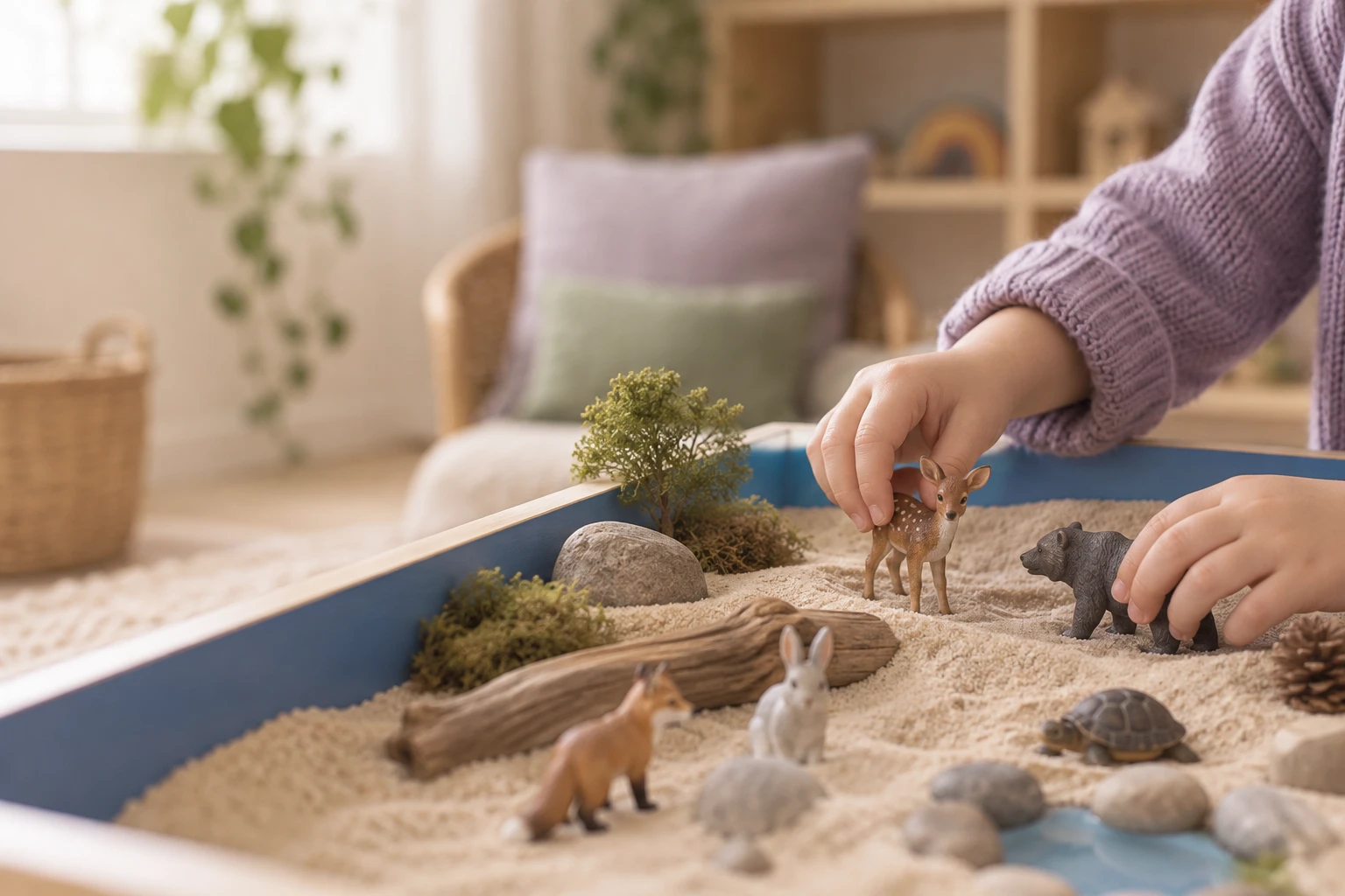 A child’s hands arranging animal figures in a sandtray.