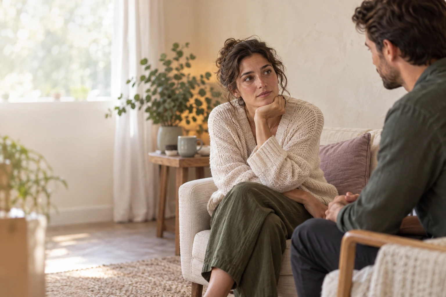 An adult listening thoughtfully to another person, with room between them.