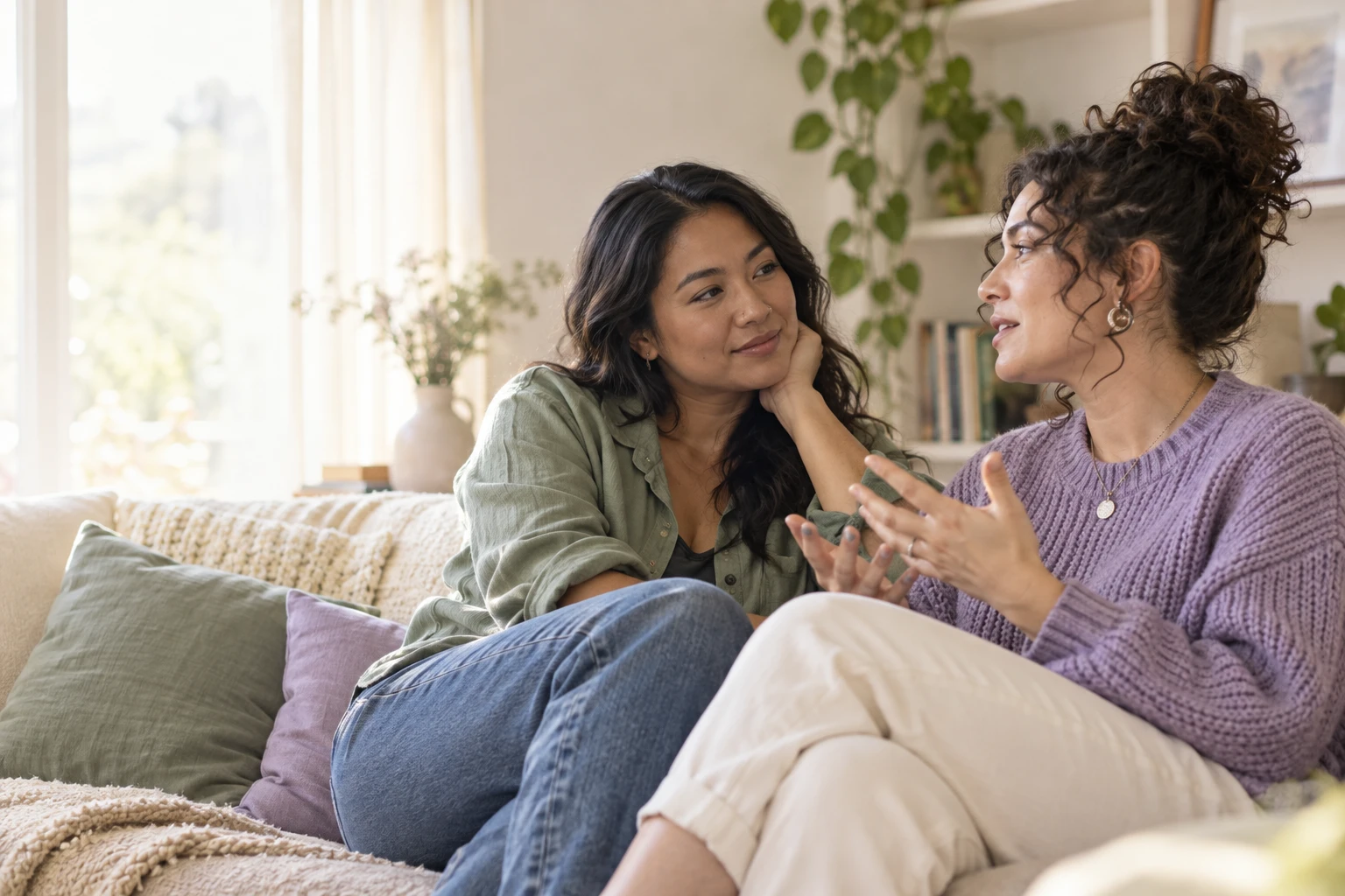 Two women sharing an attentive conversation on a sofa.