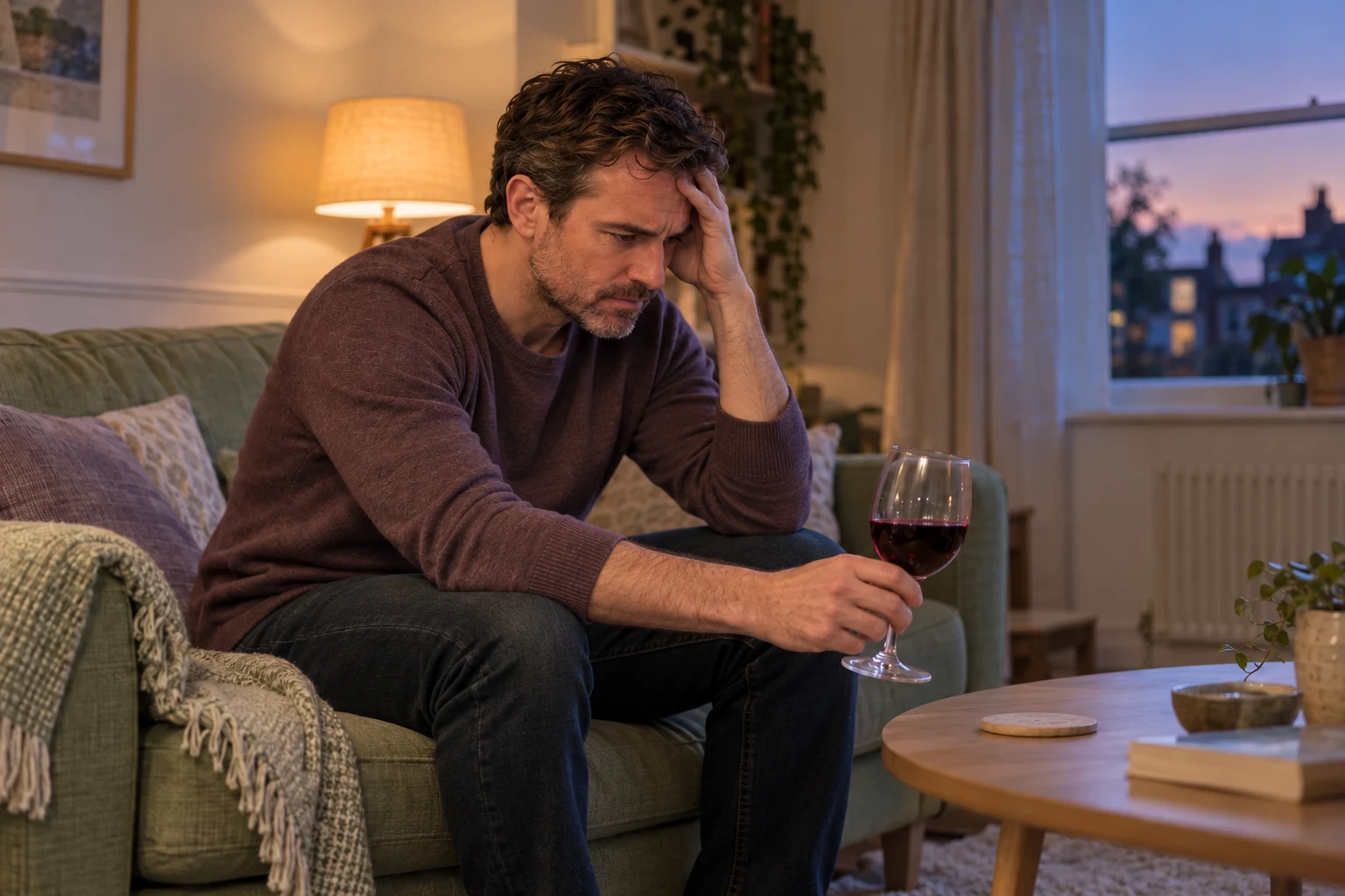 A man leaning forward with a tense expression, one hand at his forehead and the other holding a glass of red wine low beside him.