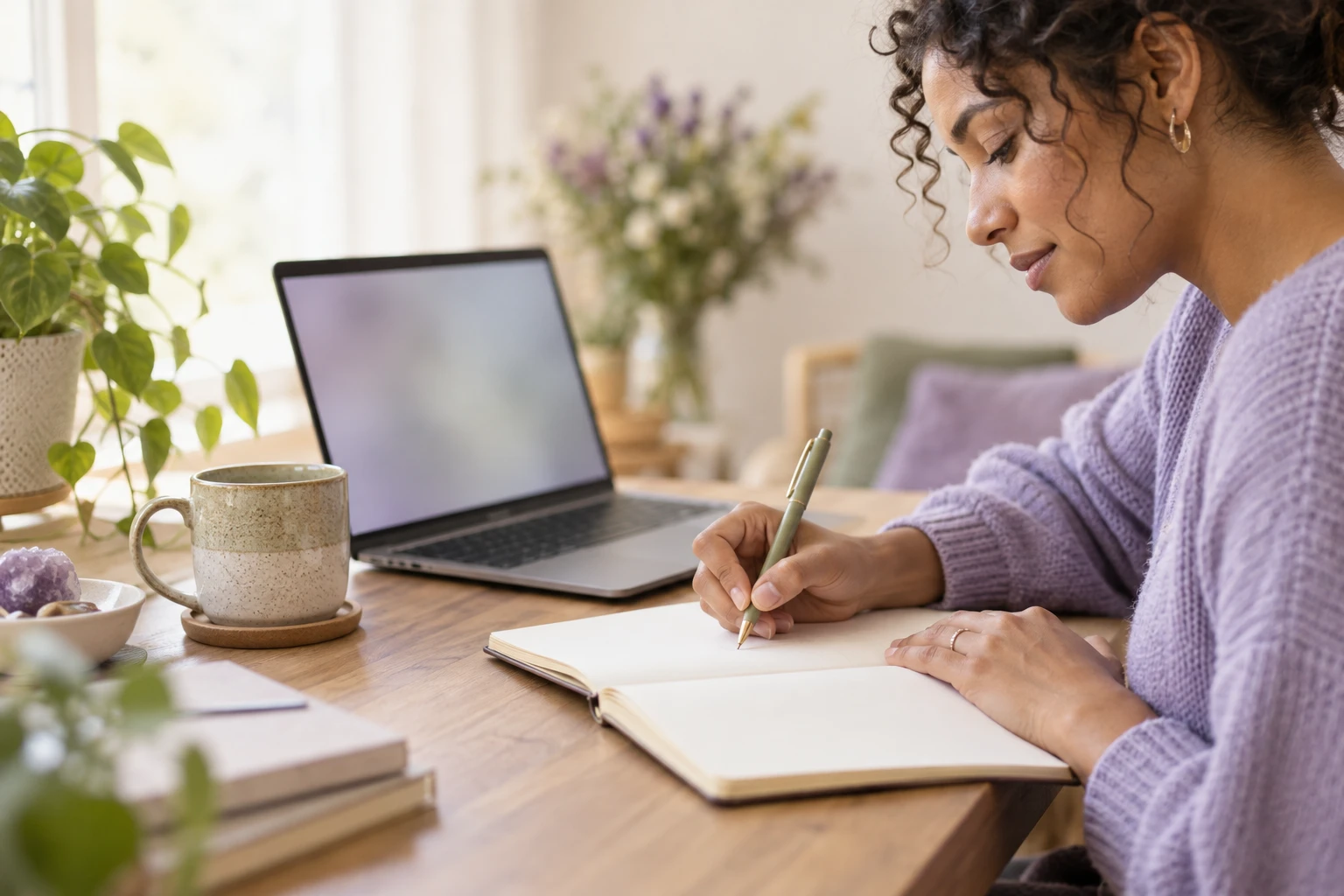 A person writing notes beside a laptop.