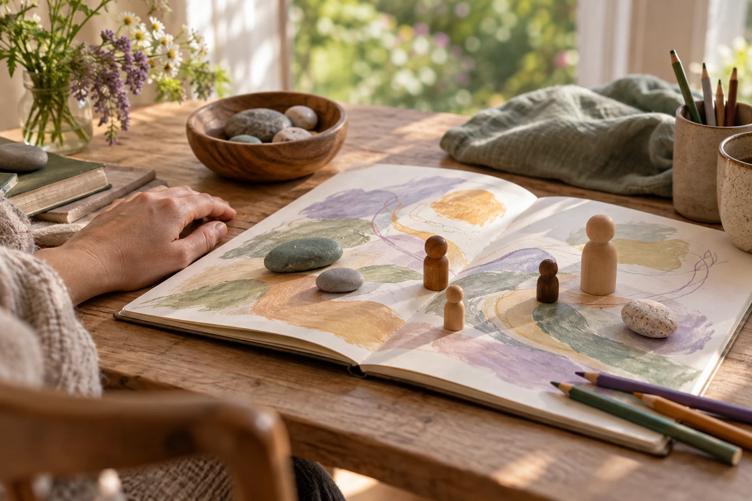 A sketchbook, stones and wooden figures arranged on a table, with a hand resting beside the page.