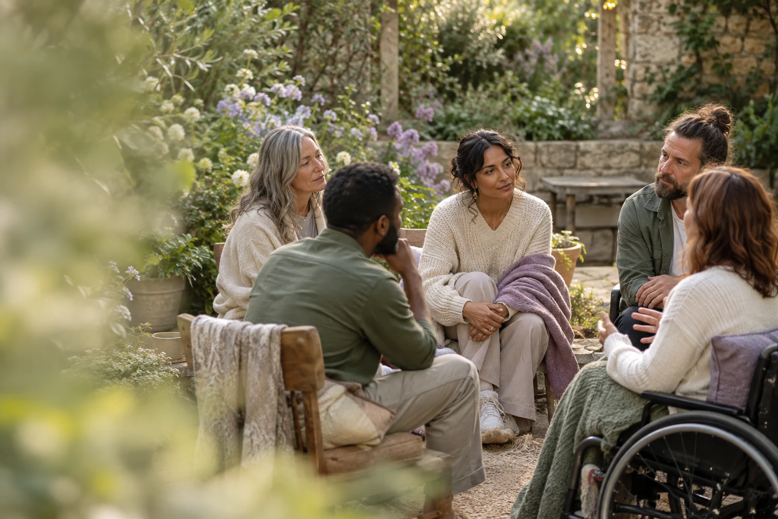 Five adults sharing an attentive conversation in a garden, with different ways of sitting comfortably.