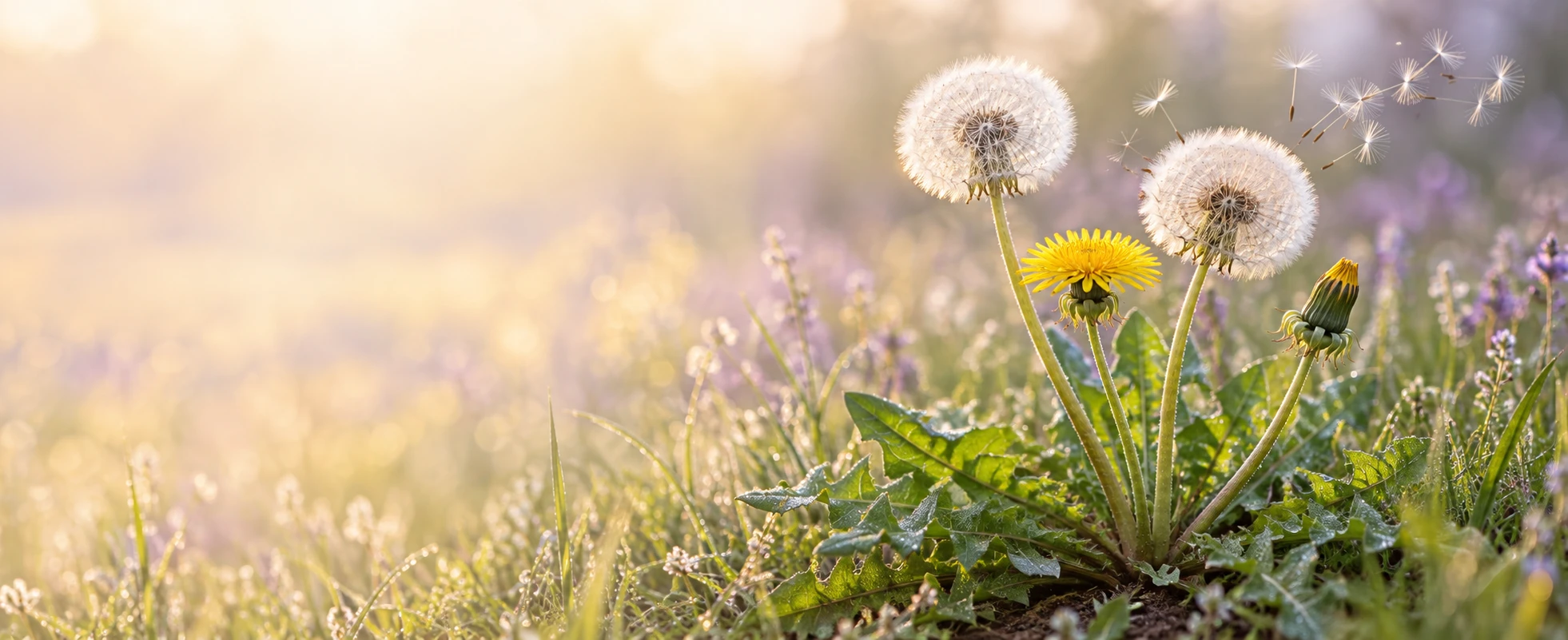 Different flowers and seed heads on one connected dandelion plant, with a few seeds drifting into the light.