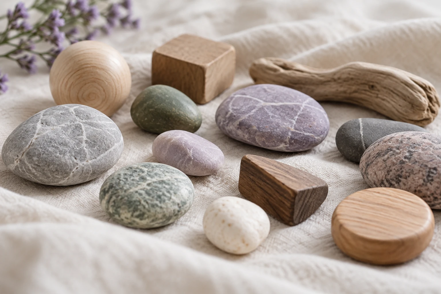 Different stones and wooden pieces arranged together on a soft cloth.