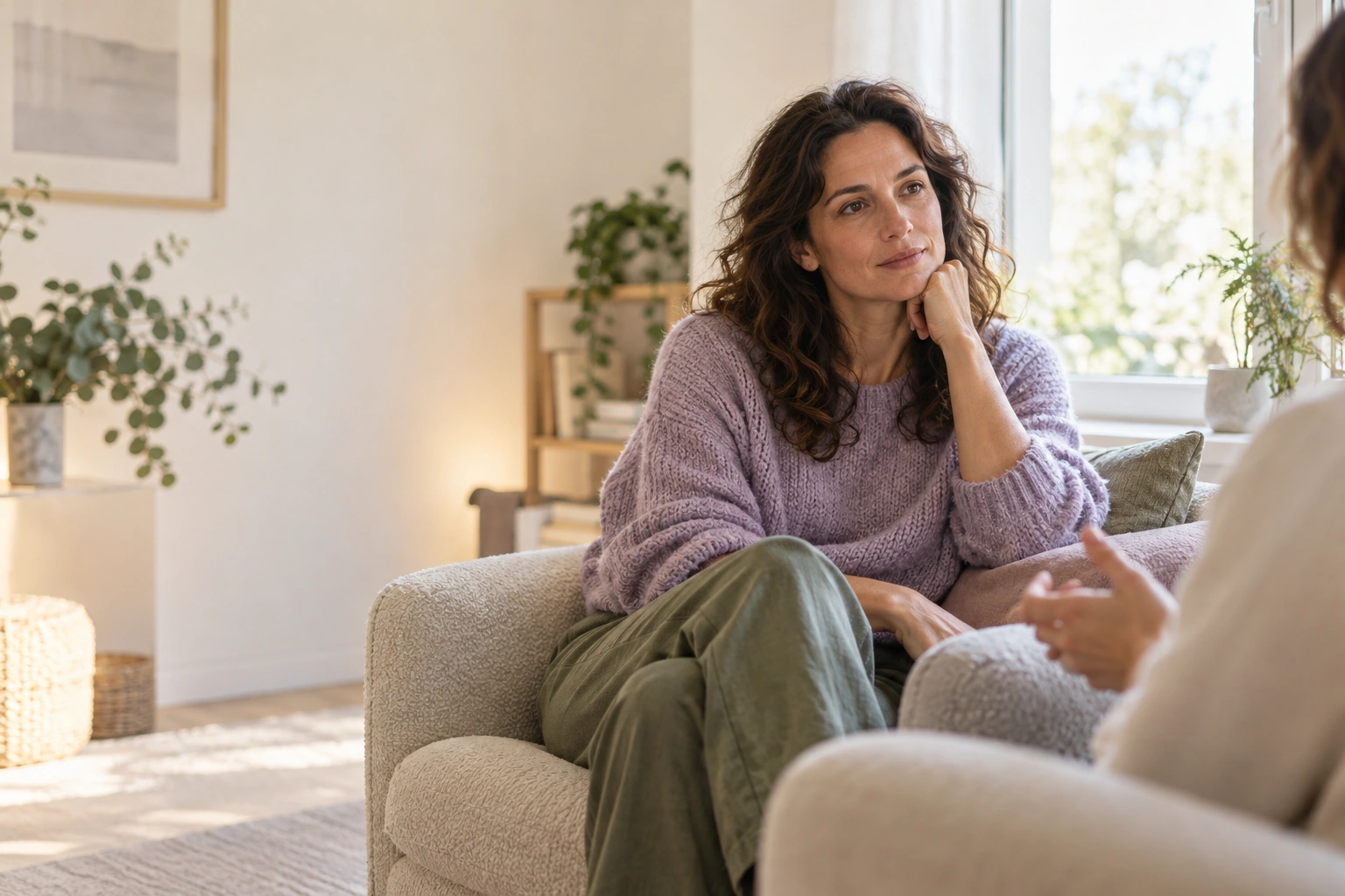 An adult sharing an attentive conversation in a softly lit counselling room.