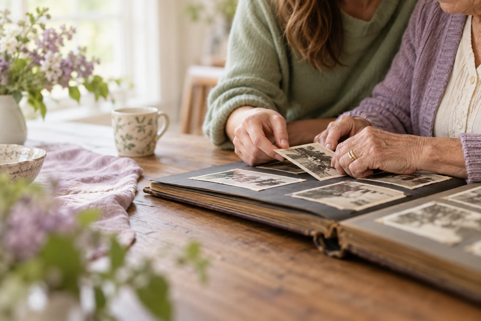 Two generations looking through a family photograph album.