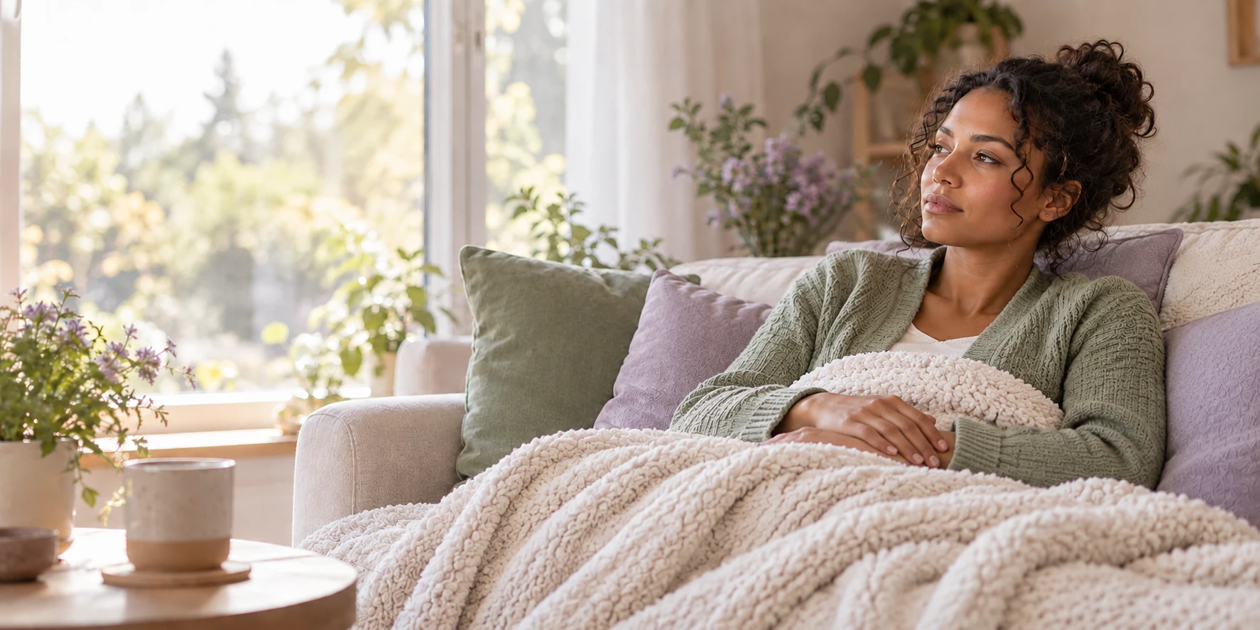 A younger adult resting against sofa cushions with a soft blanket over her lap and legs.
