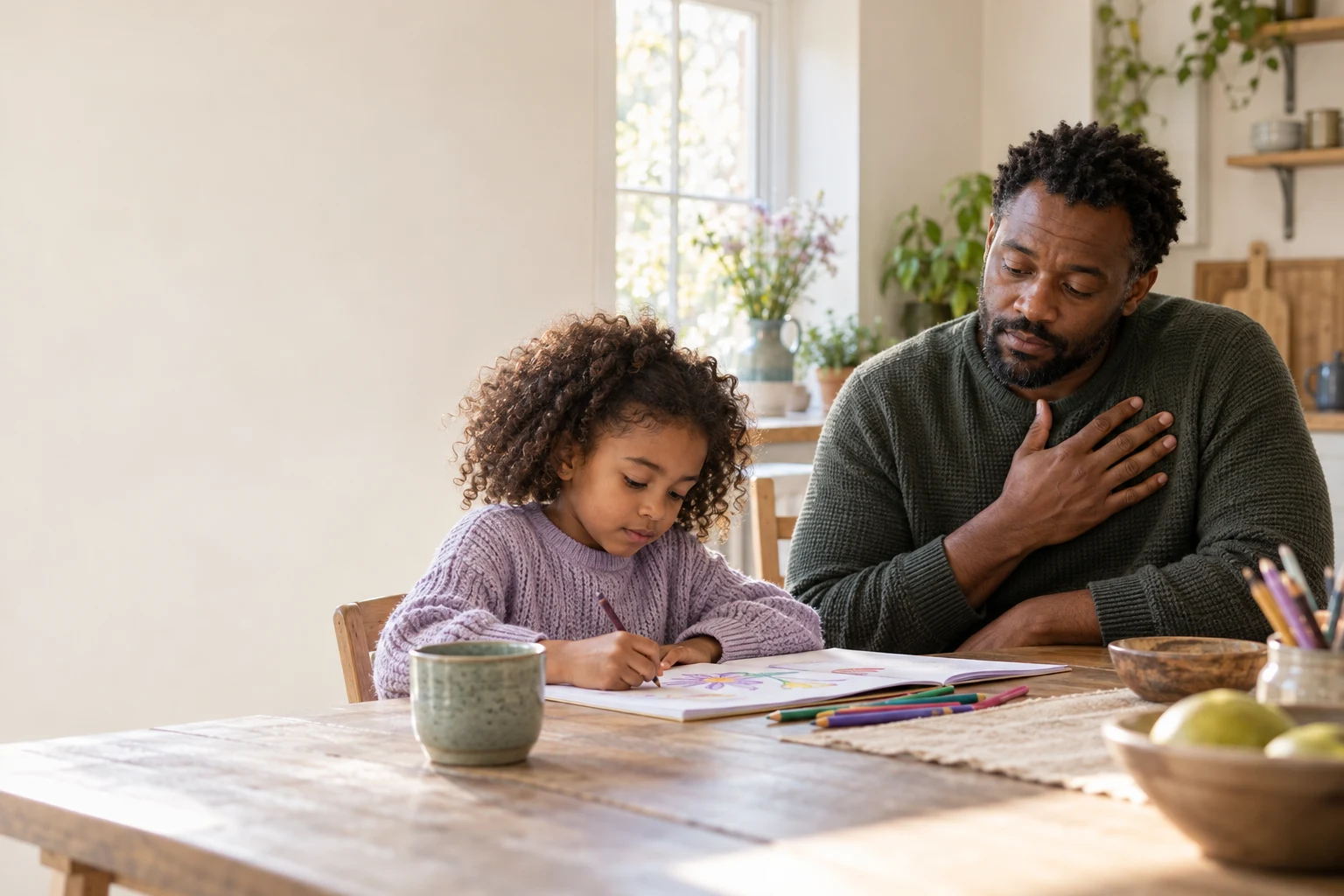 A father pausing with a hand on his chest beside a child drawing at a kitchen table.