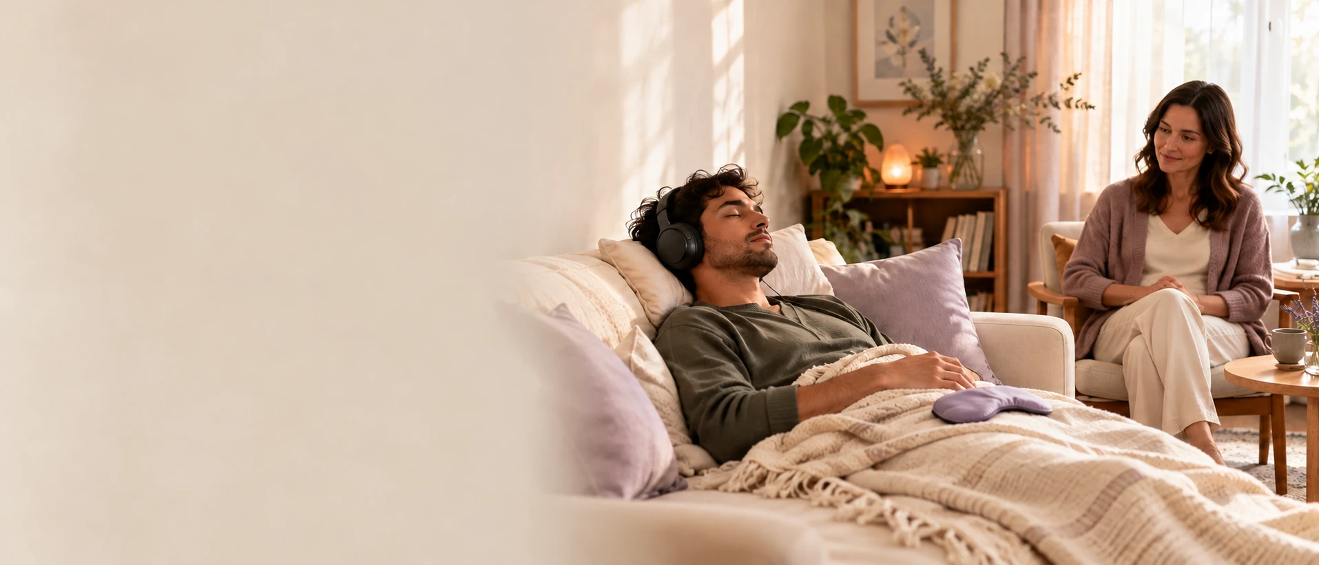 An adult resting with headphones and a blanket while a therapist sits attentively nearby, with her hands resting in her lap.