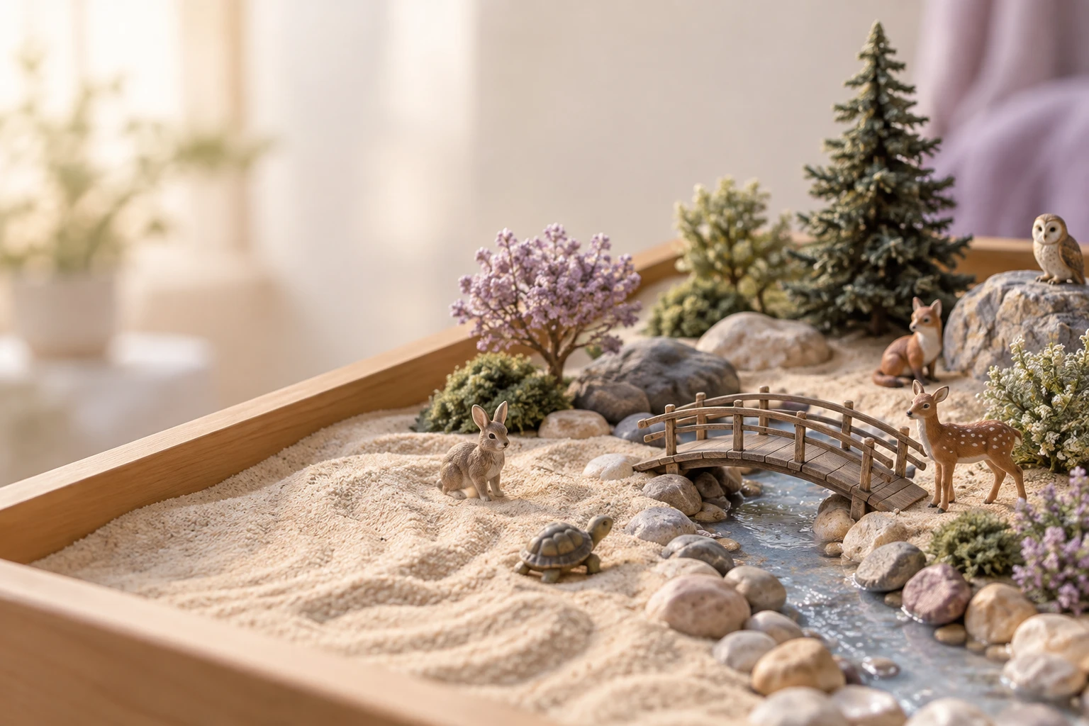 Miniature animals, trees and a bridge arranged in a sandtray.