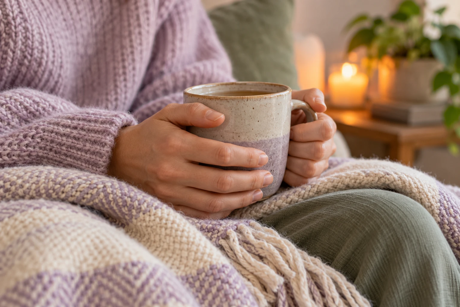 Hands holding a warm ceramic mug beside a woven blanket.