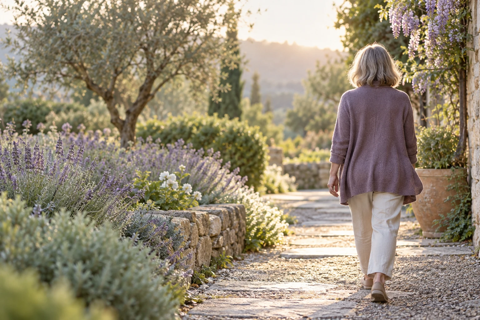 An adult walking along a sunlit garden path.