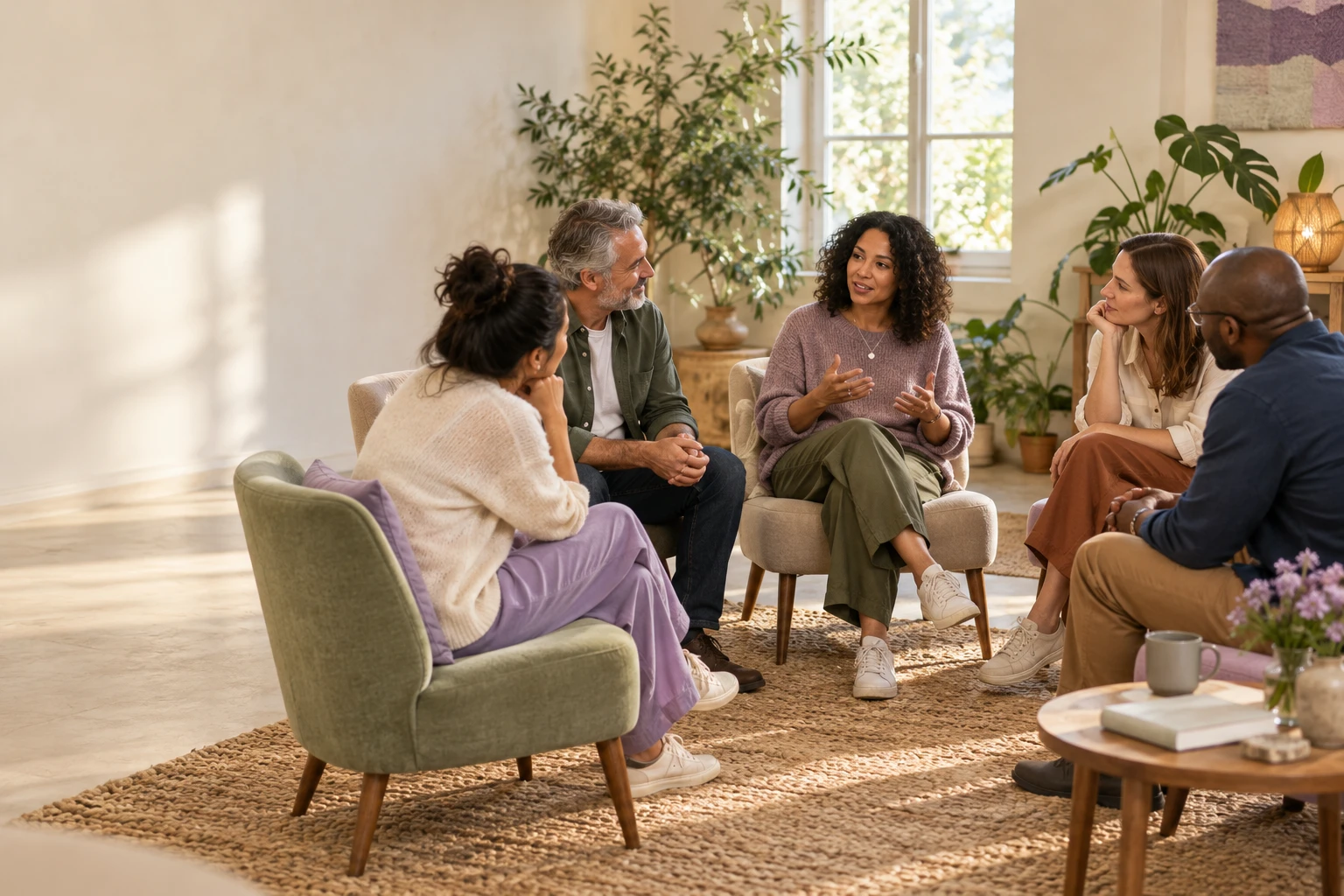 Five colleagues seated at the same level in an open circle, sharing an attentive conversation in a welcoming workshop room.