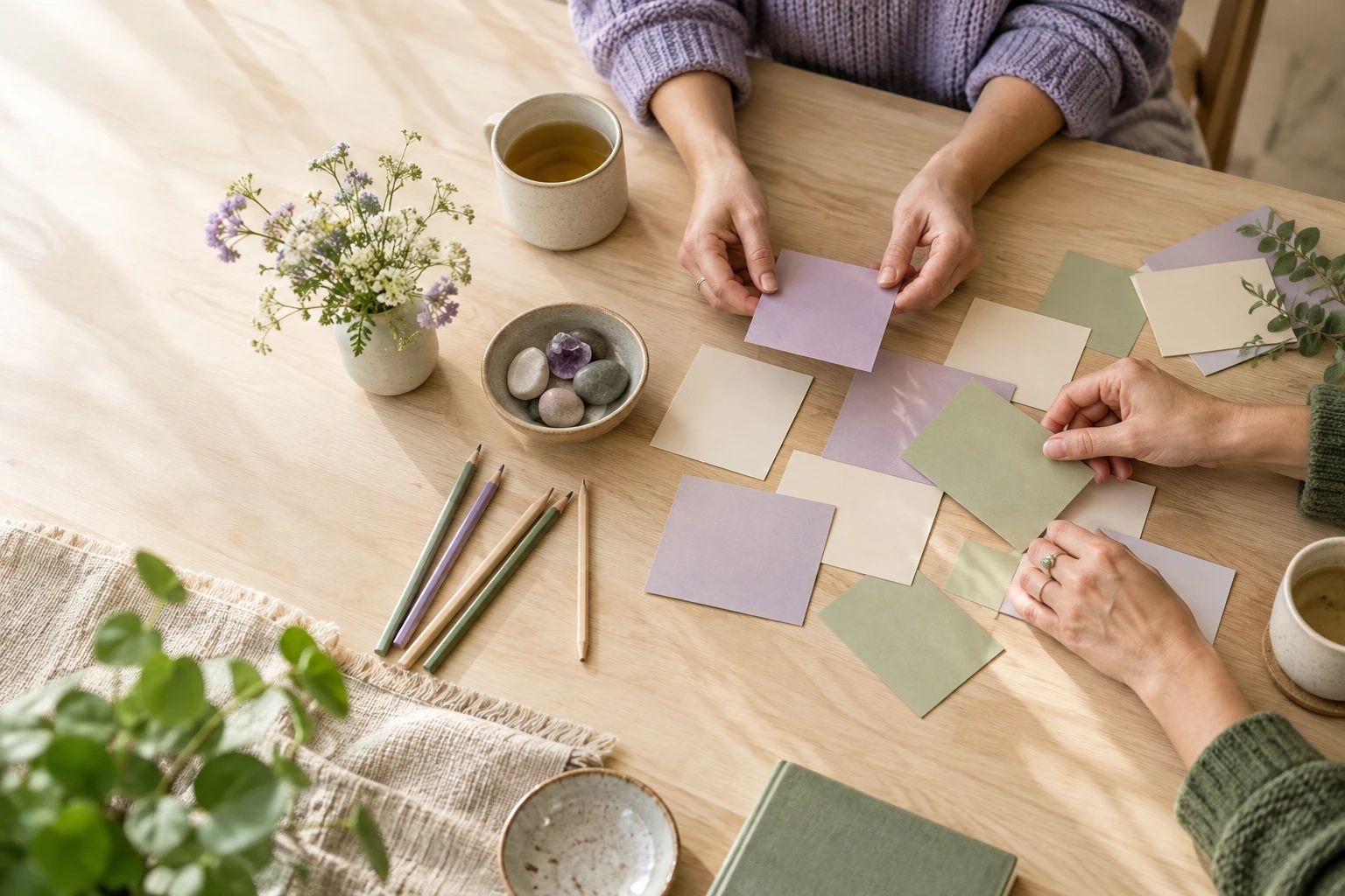 Hands arranging cards and creative materials on a shared table.