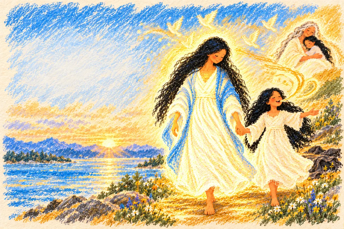 The healed twelve-year-old, now older and radiant, walks with the singing Truthbearer.