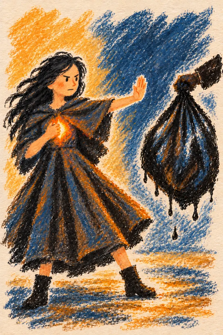 A young protector raises a hand against an offered black bag, holding a small ember of fire within her.