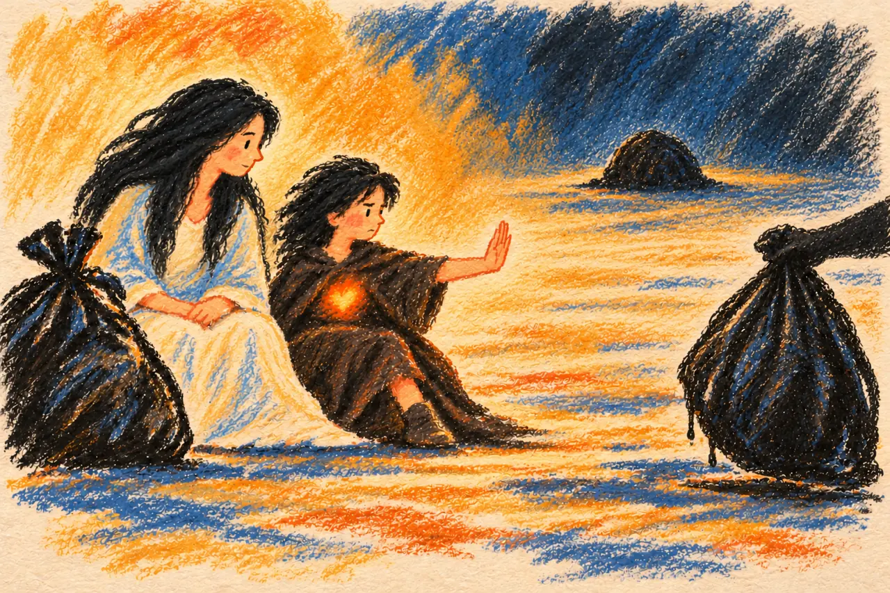 Self sits attentively beside the protector as she refuses an offered black bag; the tar-covered exile remains far away.