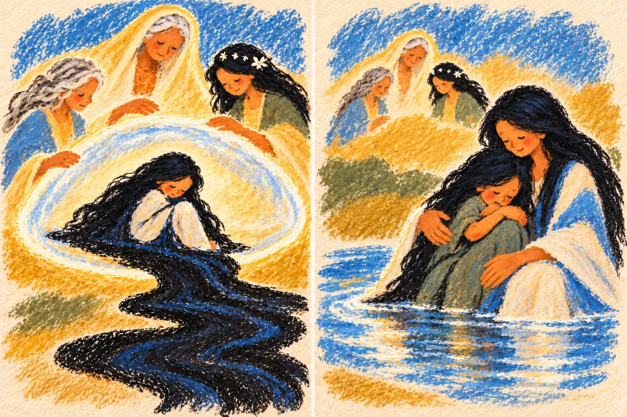 Grandmother figures surround the little one in a sideways tear bubble as black tar washes away in a continuous sheet.