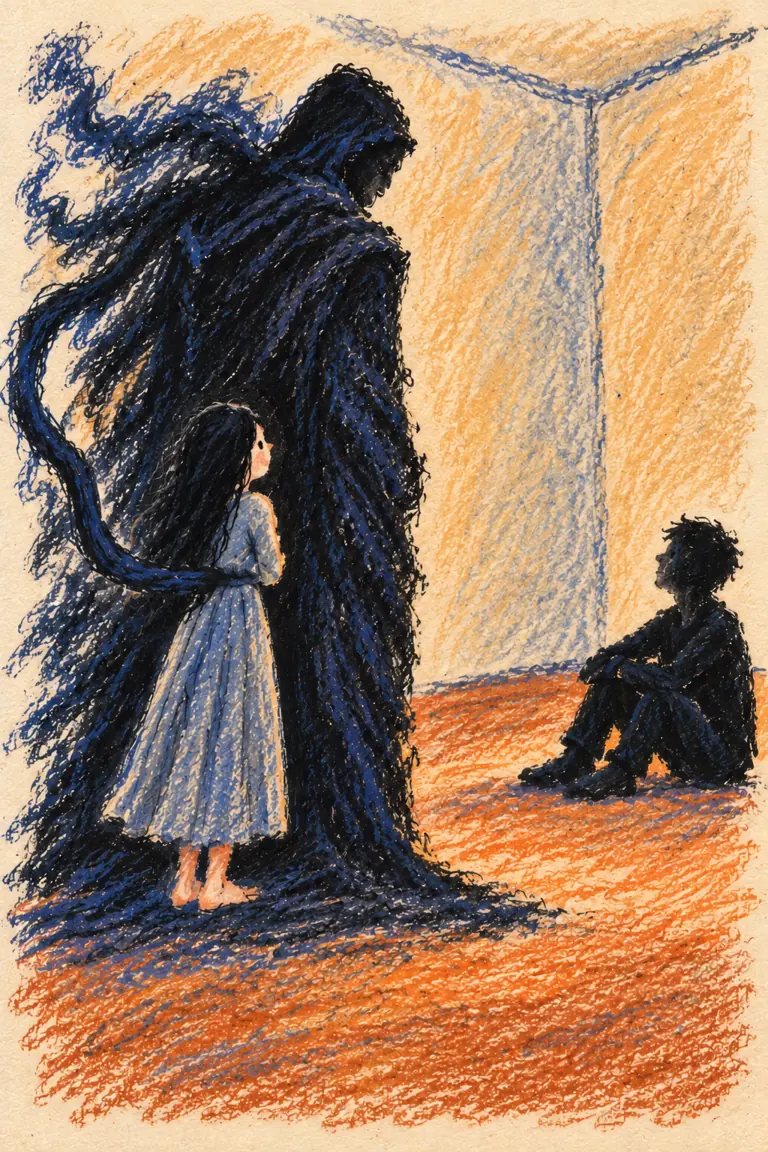 A small child faces a tall shadow’s back, connected by a dark cord; a boy sits listening across an empty carpeted room.