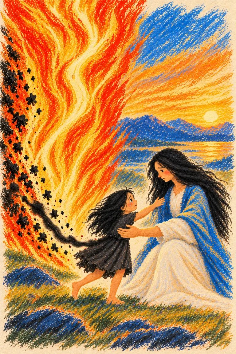 A small child reaches towards Self as an upright blaze clears the shadow and a cord low behind her back.