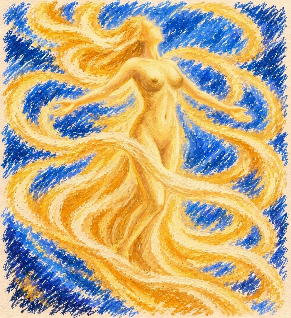 A faceless feminine figure shines with golden light, her arms open amid flowing golden swirls against a blue pastel background.