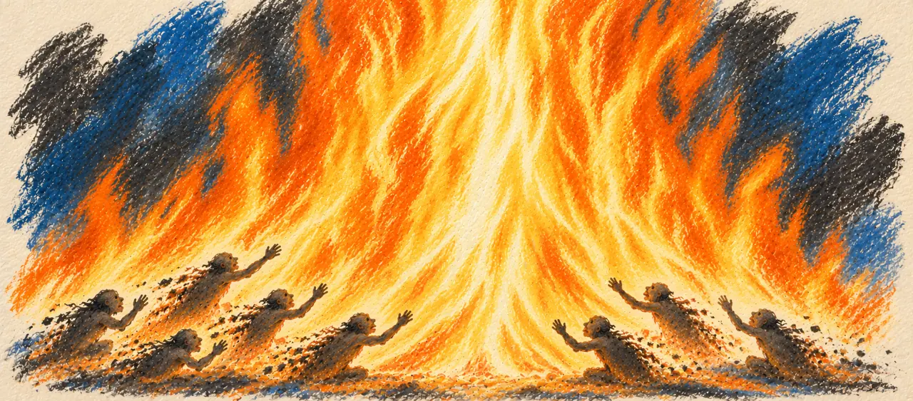 Small grasping figures reach into the base of a vast upward flame as dark burdens dissolve into light.
