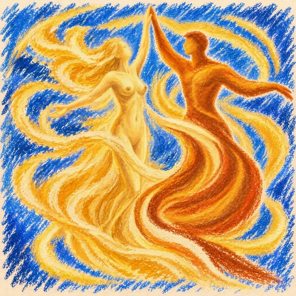 Golden feminine and amber masculine figures dance together, their raised hands meeting amid flowing swirls of light against a blue pastel background.