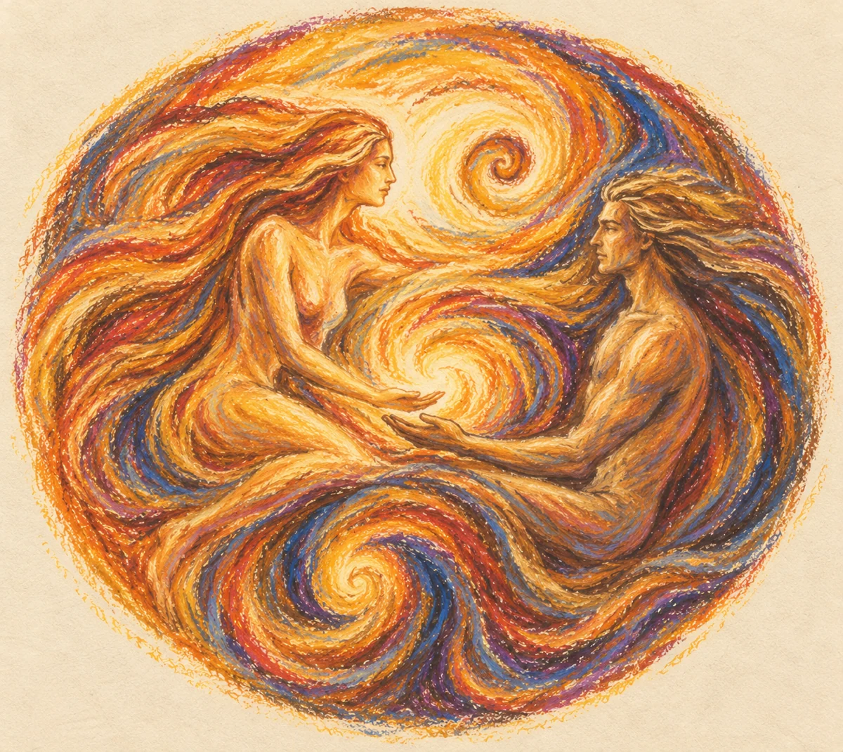 Feminine and masculine figures face one another with open hands, held in balanced golden, amber and blue spirals of pastel light.
