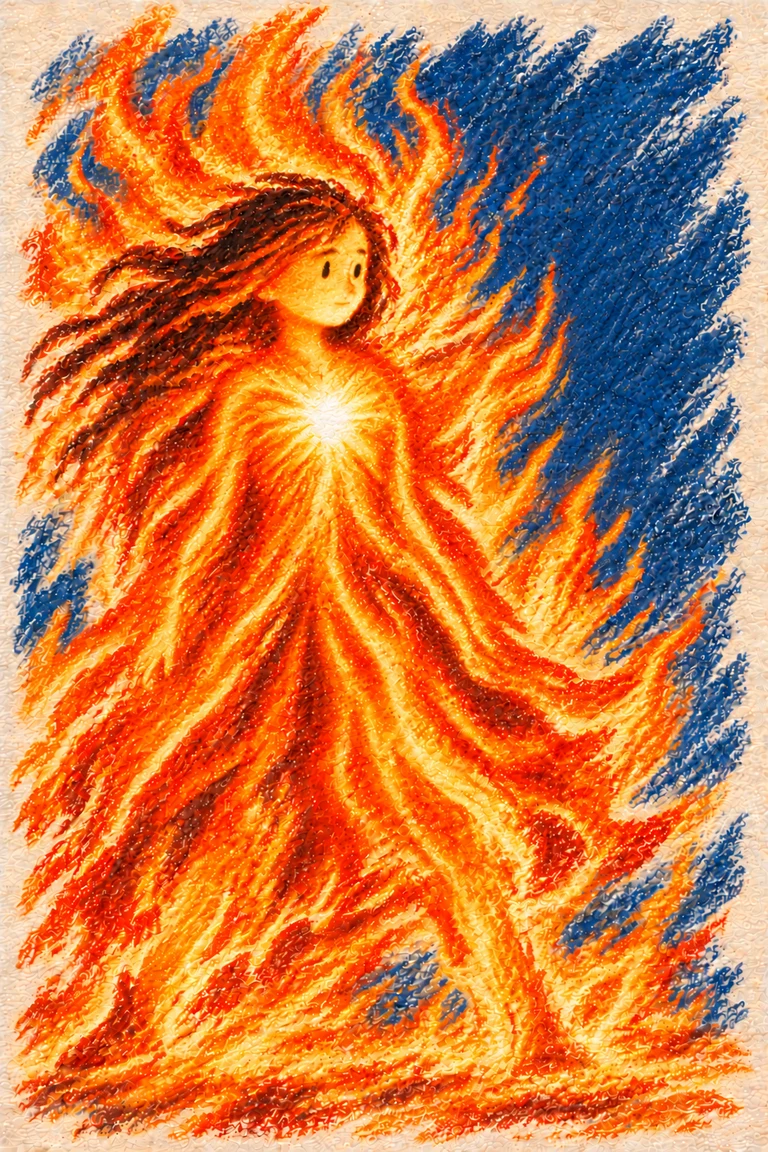 The same young protector from the bags becomes a fierce, bright fire as the flame within her grows.