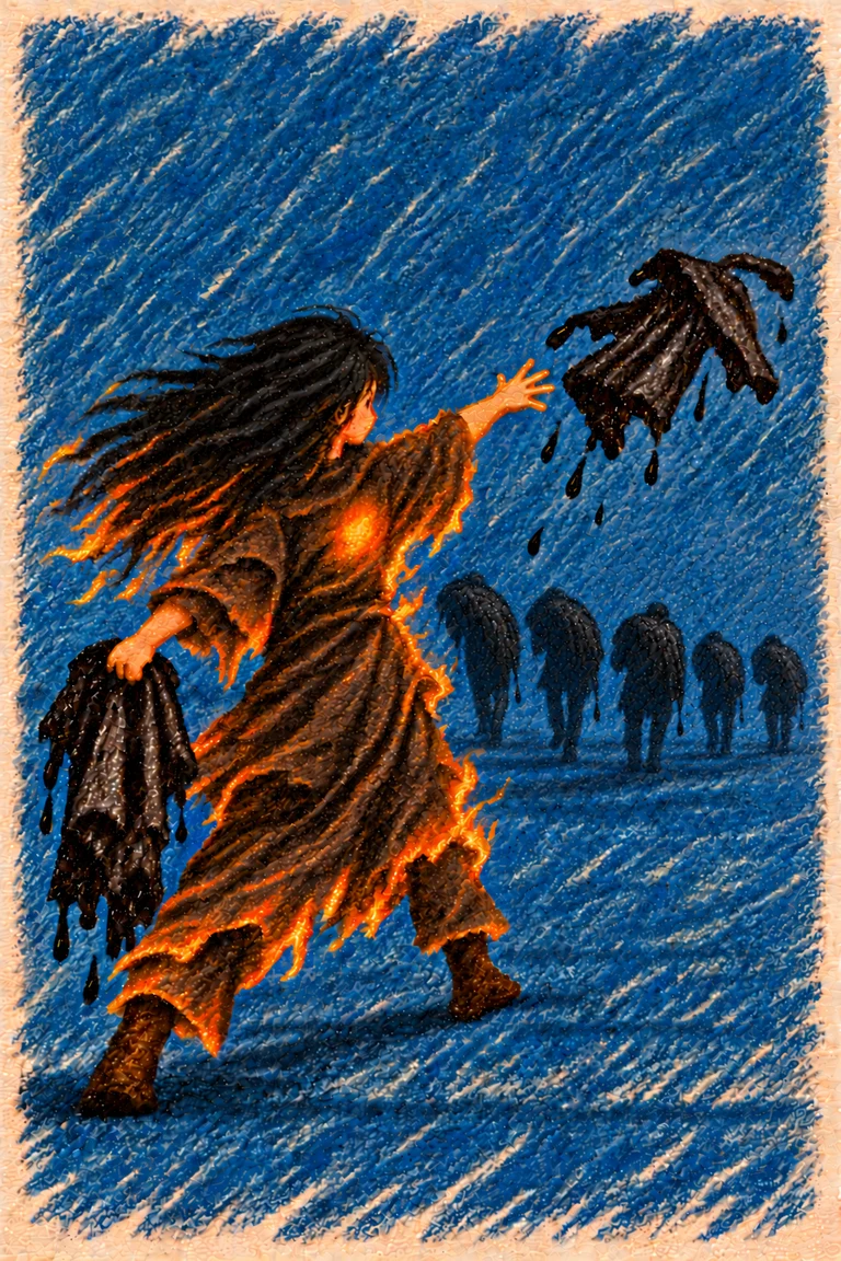 The young protector, her dark clothing beginning to become fire, throws wet tar-like clothes towards hunched adult shadows walking away carrying shame.